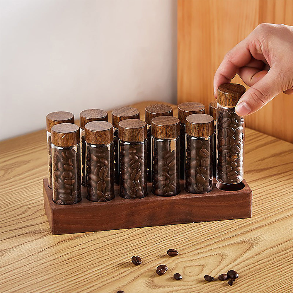 Single Dose Coffee Bean Storage 12 Tubes Multipurpose Portable Coffee Bean Container Cellar with Walnut Wood Display Stand and Funnel 2oz